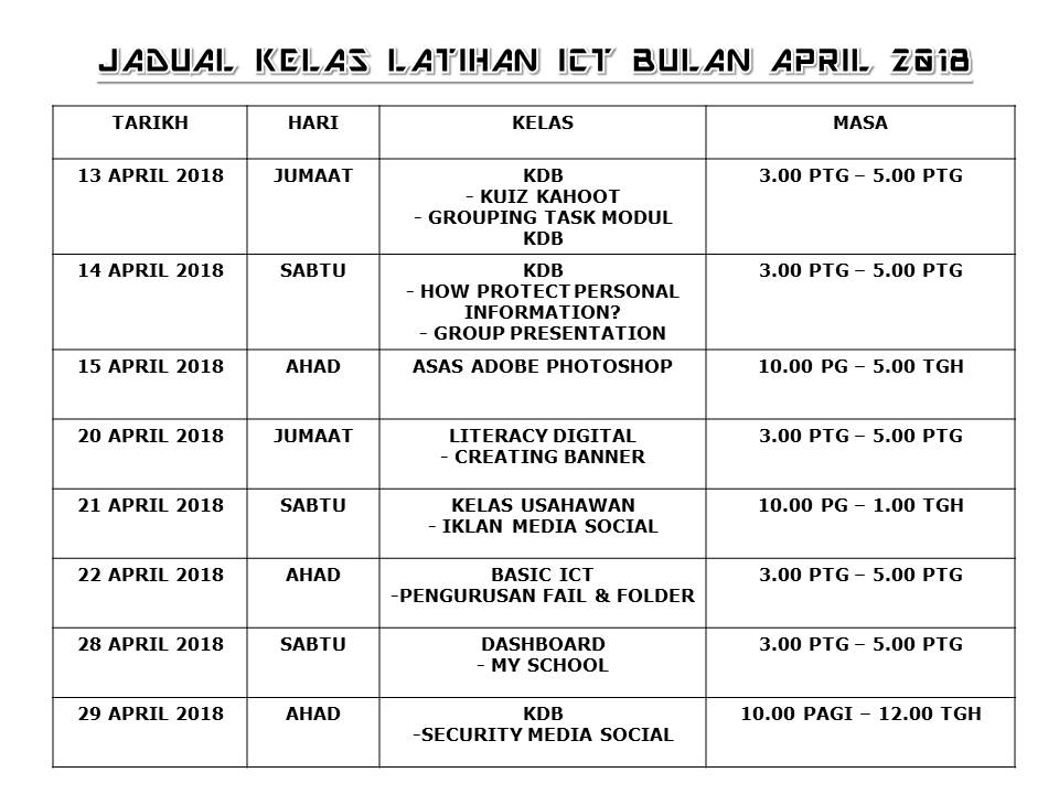 JADUALKELASICTAPRIL2018
